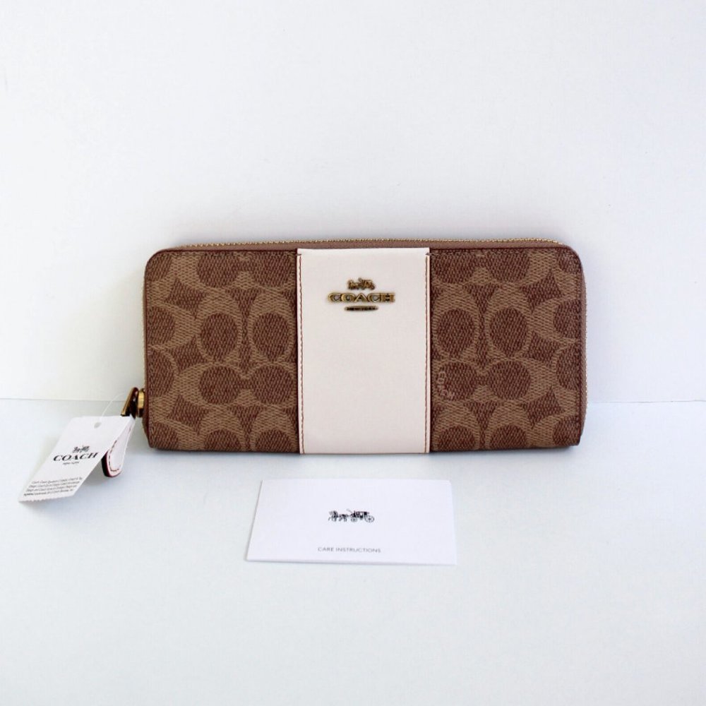 Coach Signature Coated Canvas Colorblock Leather Slim Accordion Zip Wallet Tan